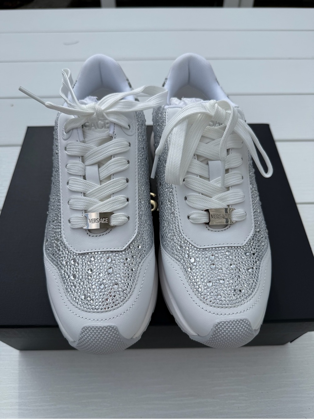 Versace White & Silver Crystal-Embellished Lace-Up Sneakers